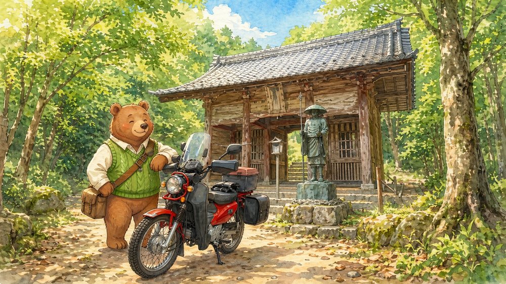 岐阜ツーリング7選 アイキャッチ クマがクロスカブで山門の前 カブたび