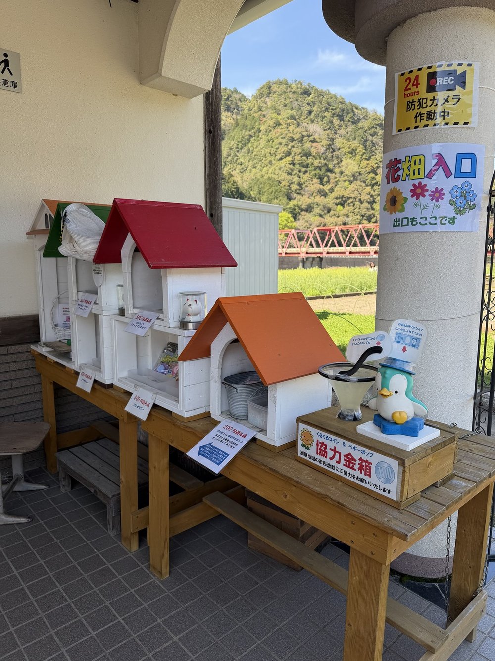 洲原ひまわりの里 協力金箱とペンギンキャラクターと花畑入口看板