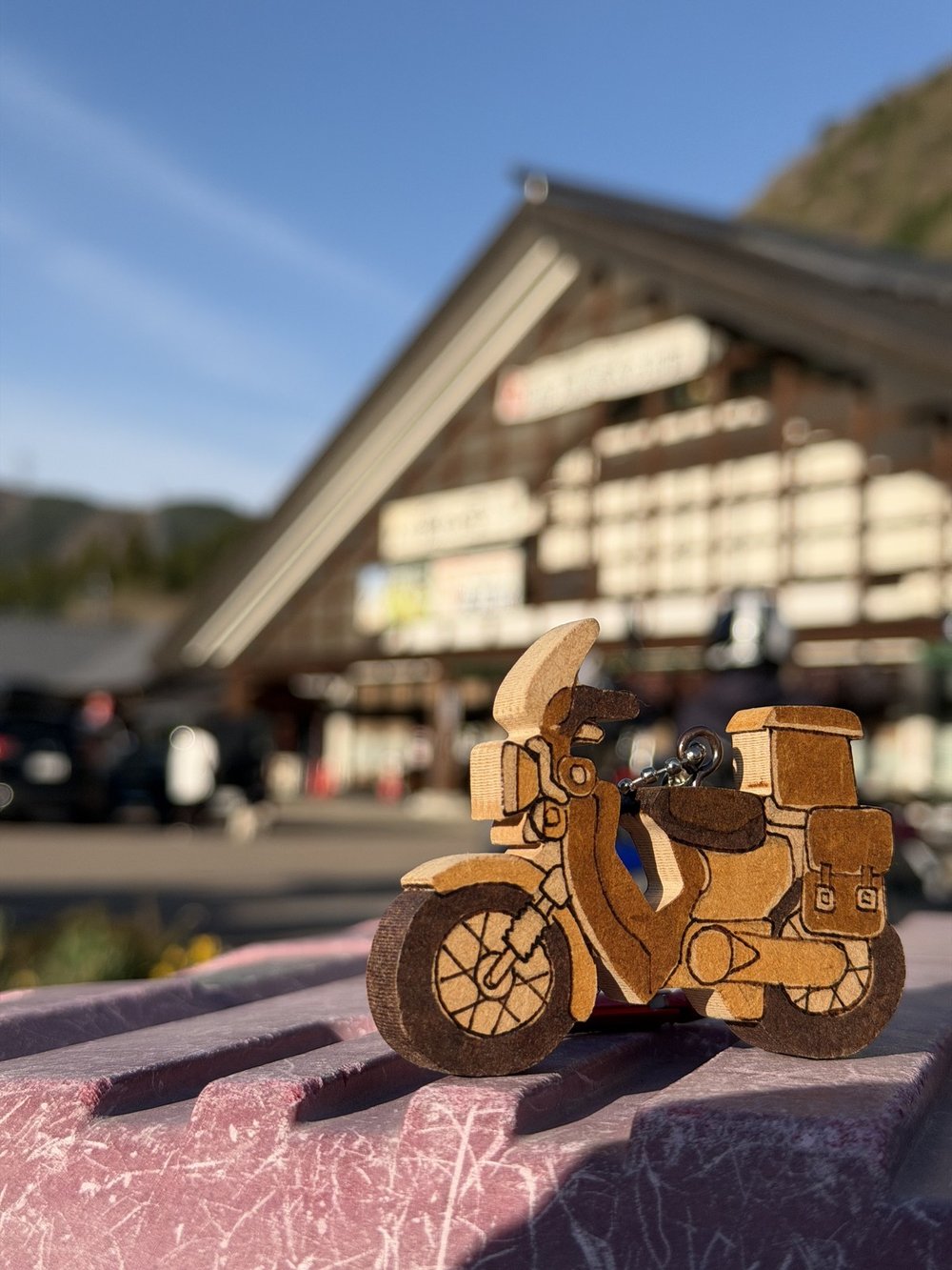 木工カブ（オリジナール製）と道の駅明宝の物産館
