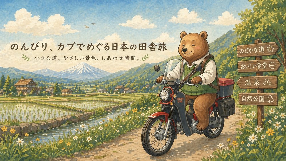 カブたび：クマがクロスカブに乗って日本の田舎を旅するイメージイラスト