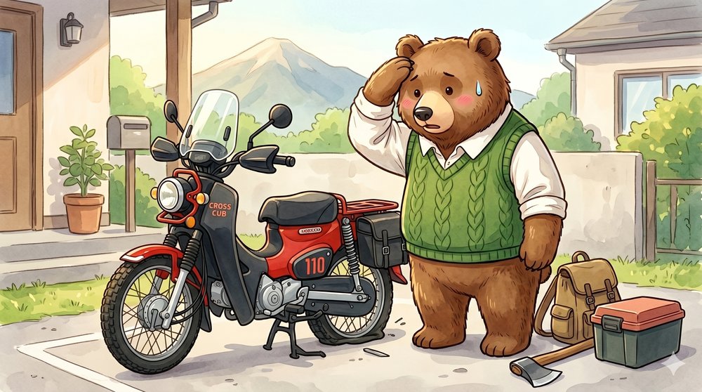 パンクしたクロスカブを見て困るクマのイラスト