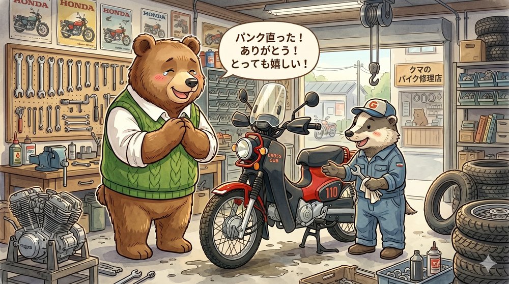 クロスカブのパンク修理が完了して修理屋さんに感謝するクマのイラスト