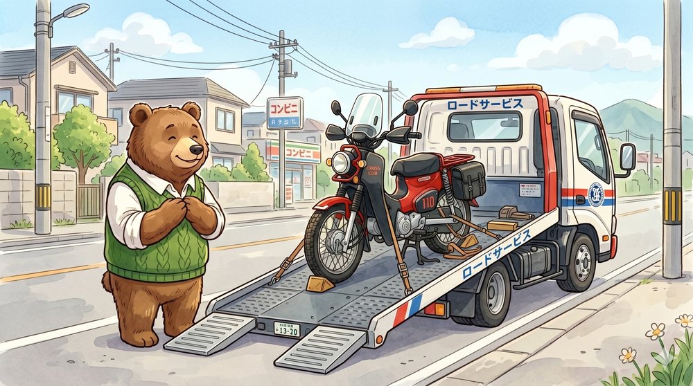 ロードサービスのレッカー車に積まれるクロスカブを見守るクマのイラスト