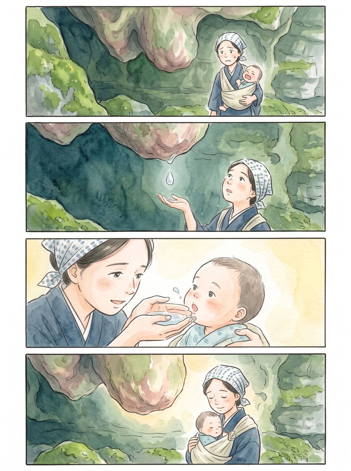 乳岩伝説を描いた4コマイラスト。赤ん坊を抱いた母親が、岩から落ちる雫を受けて赤ん坊に飲ませる