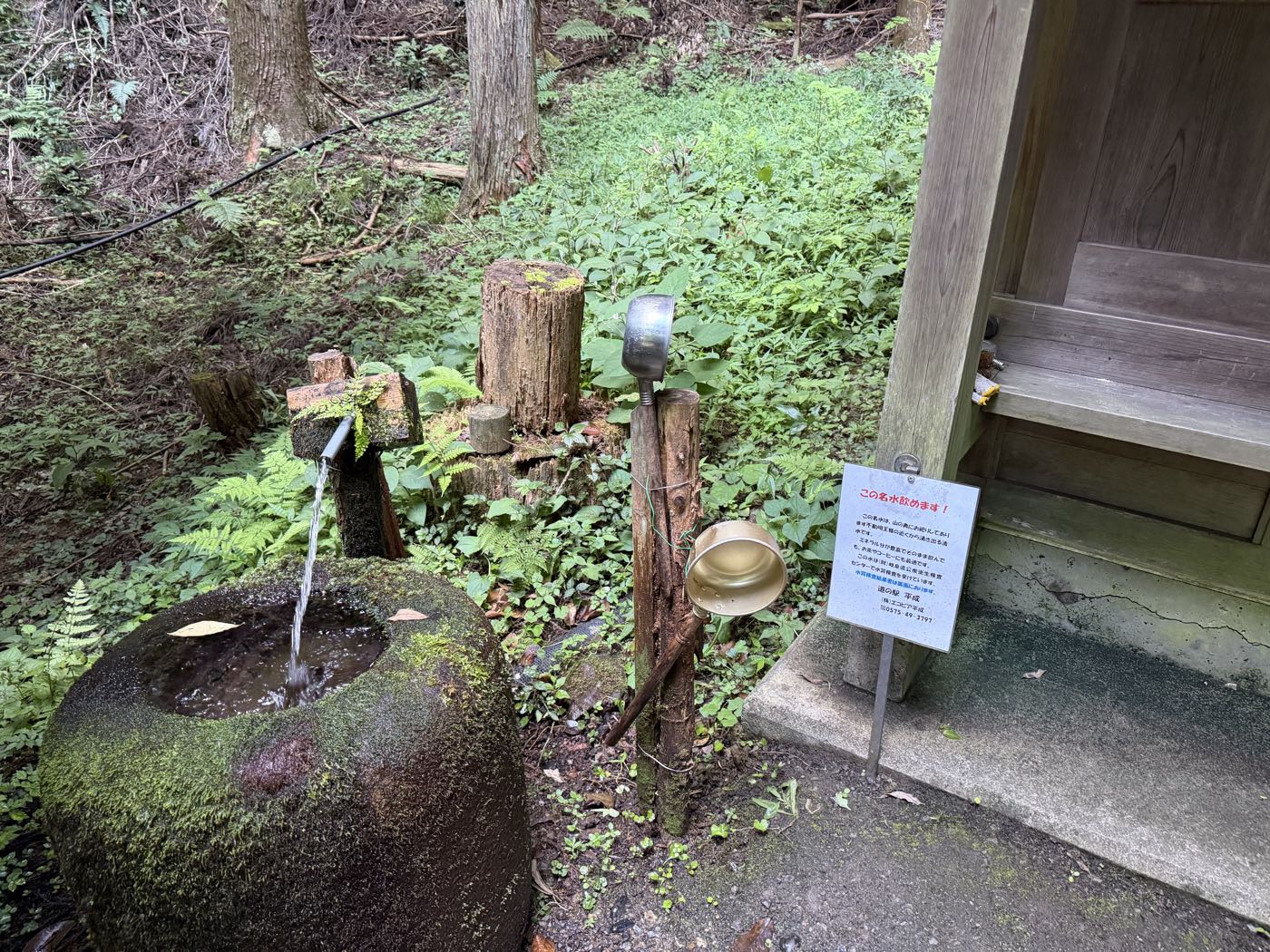 しあわせの気の森の湧き水とこの名水飲めますの立て札